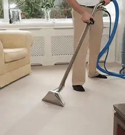 Professional carpet cleaner using a hot-water extraction wand and hose machine in a living room in Peoria, IL.