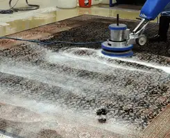 Professional rug cleaning with a rotary floor machine and shampoo foam, deep-cleaning an area rug, in Peoria, IL.